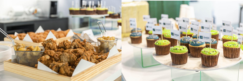 Taiwanese crispy fried chicken with green Hoffman cupcakes